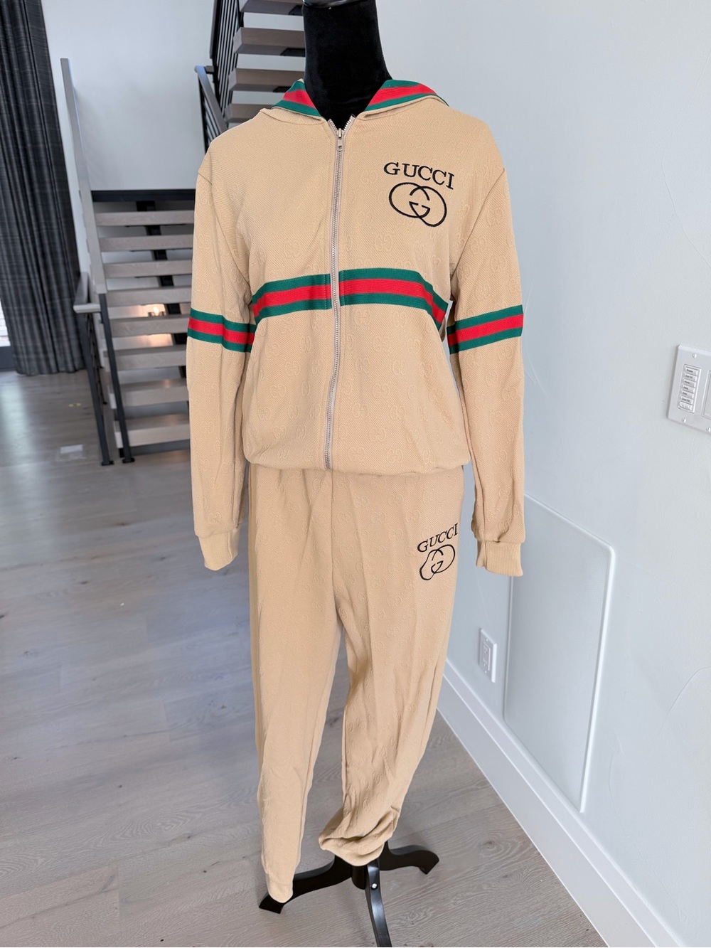 Beige Hooded Matching Set Tracksuit with Green & Red Stripe size L